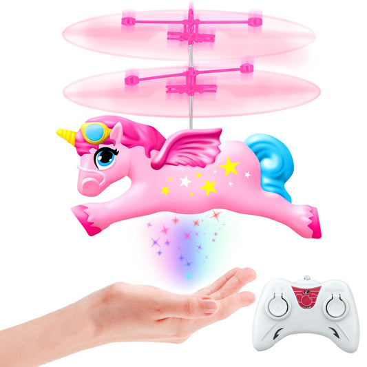 Hymaz flying unicorn RC helicopter in action for kids indoors, easy to enjoy safe flight.