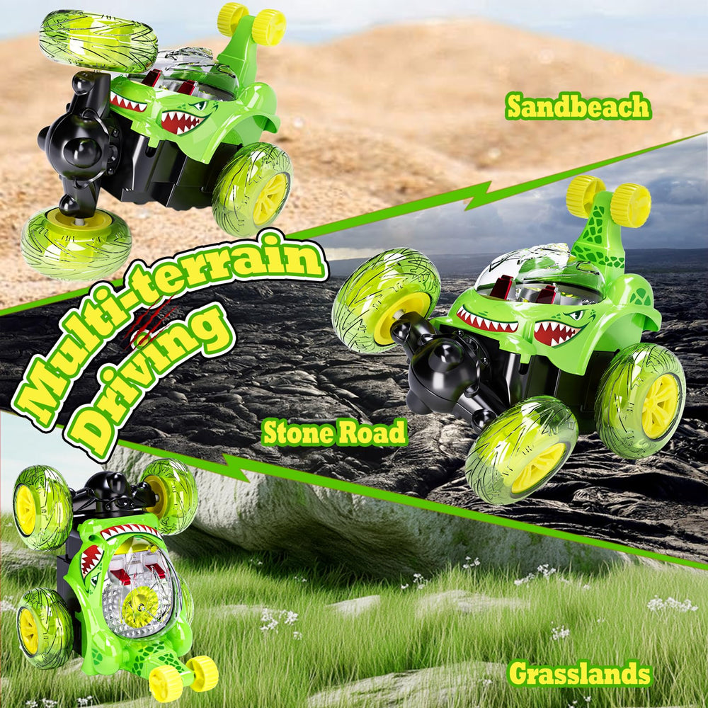 Hymaz RC Stunt Car rear-wheel stretch dance enhances tire-sparked tricks.