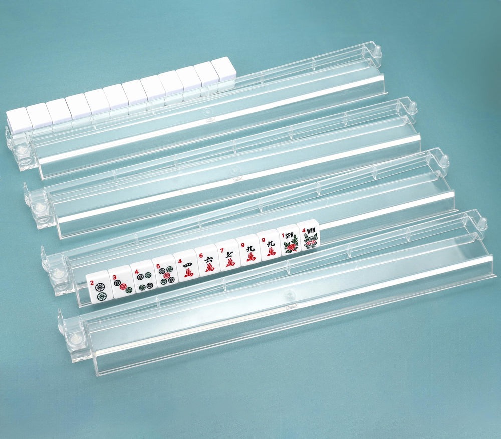 HYXFJITS Mahjong racks with pushers in transparent design for organized tile viewing.