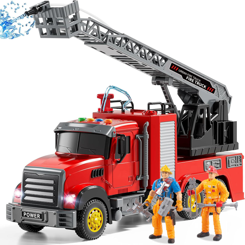 i diy fire truck toy with water tank demonstrates spray action for pretend play