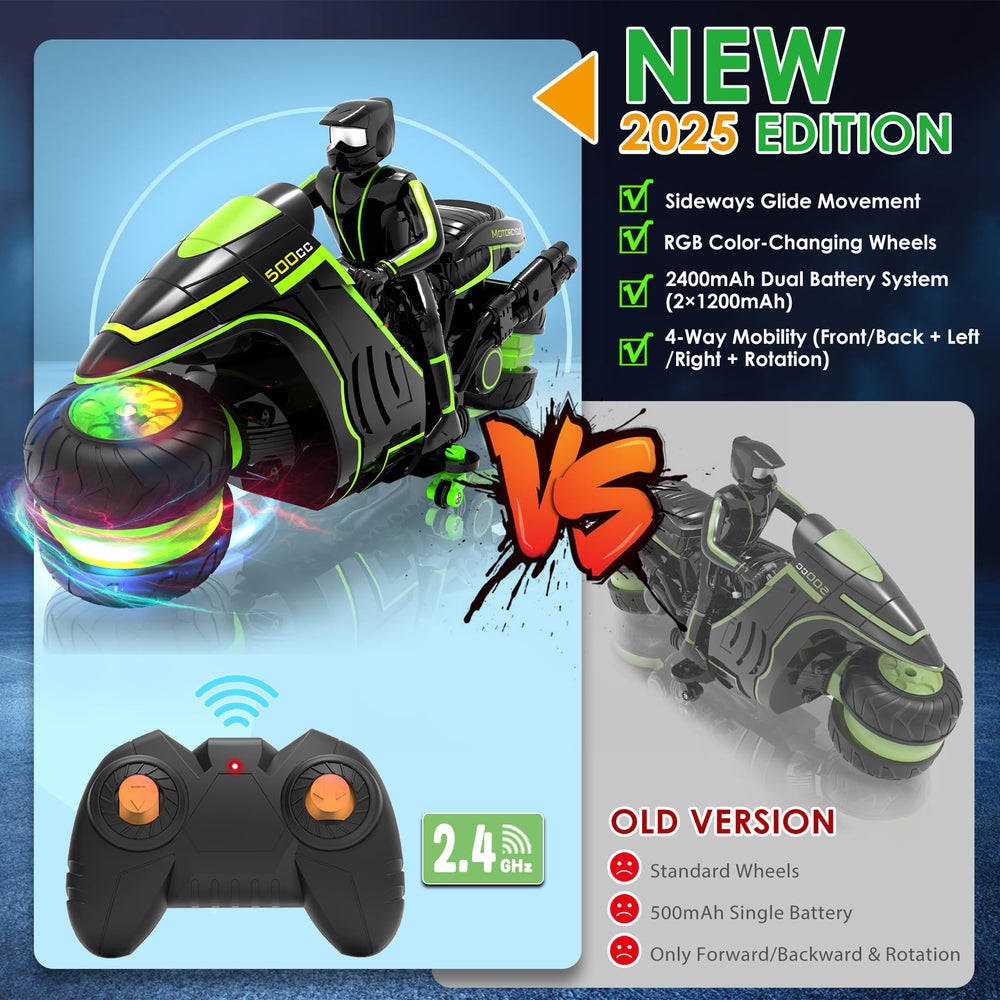 iappadore RC motorcycle with RGB wheels glowing during play