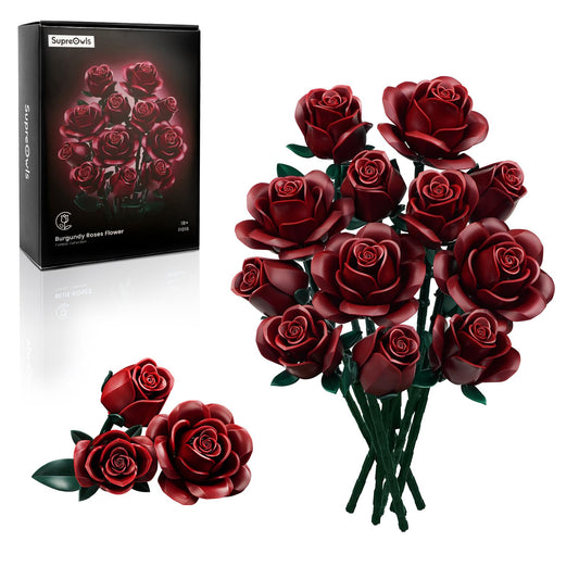 iATOM burgundy rose bouquet assembly kit with 12 bricks for a lifelike centerpiece