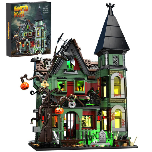 iATOM Haunted House lights illuminate a spooky display for Halloween decor.