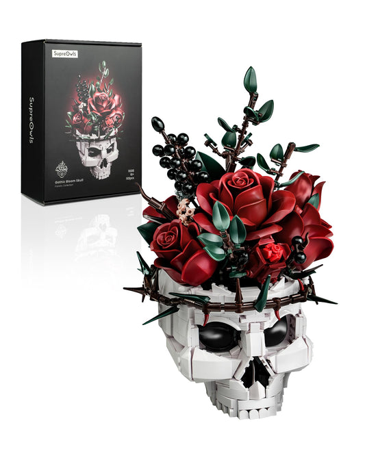 iATOM Skull Roses Bouquet Assembly: gothic brick sculpture for adult collectors