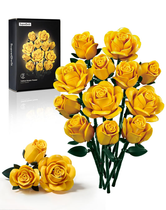 iATOM Yellow Rose Bouquet building set with lifelike petals for a vibrant home display.