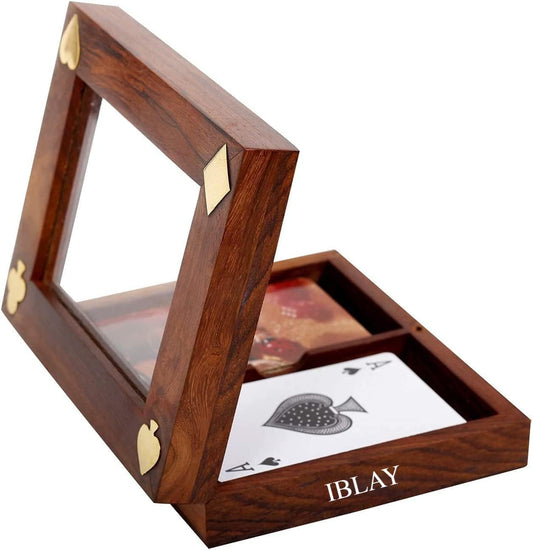 IBLAY handmade wooden card holder with see-through lid for organized game nights.