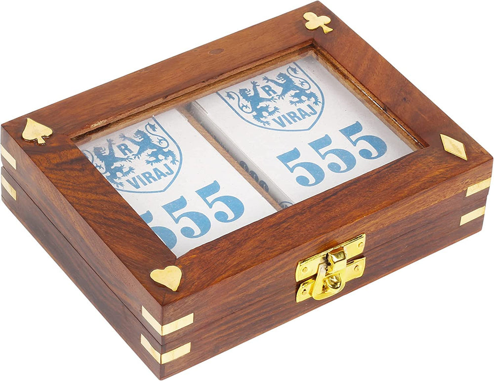 IBLAY sheesham wood card case with brass inlay and latch for secure storage.