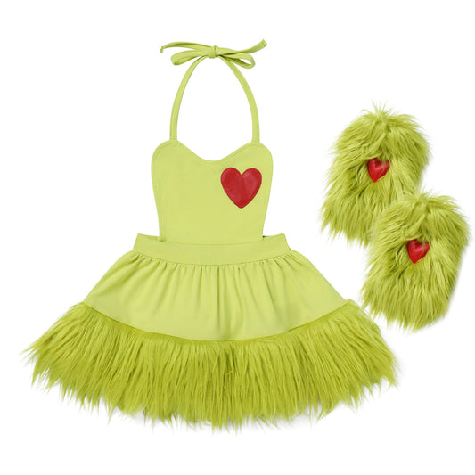 IBTOM CASTLE Little Big Girl Santa costume in green halter for festive photo shoots.
