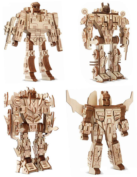 i-CHONY 3D wooden robot puzzle assembled; engaging desk decor and cognitive challenge.