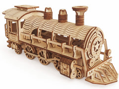i-CHONY steam train parts layout showing laser-cut pieces ready for assembly