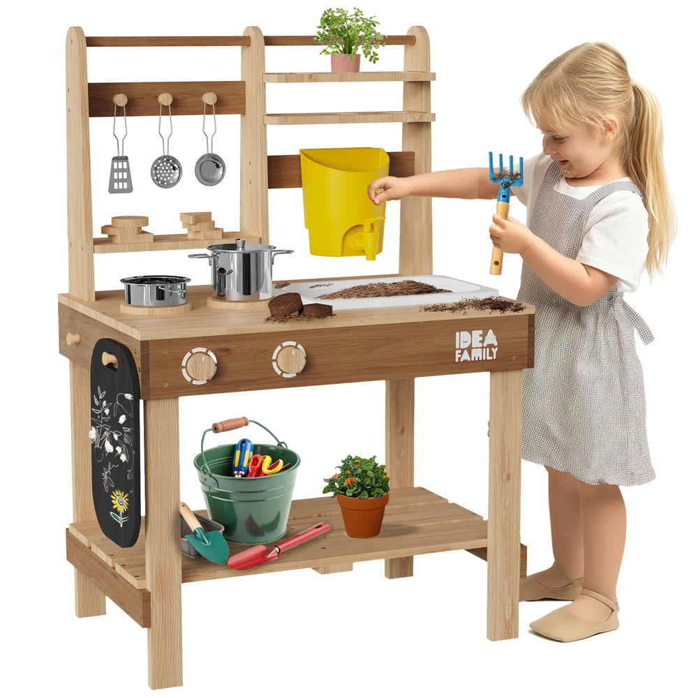 IDEA FAMILY 6-in-1 mud kitchen with wooden sand molds boosts imaginative outdoor play.