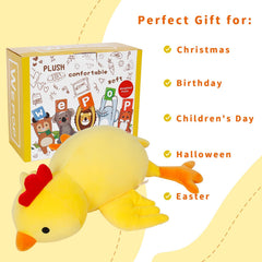 IdeaMeme chick plush care guide image highlighting durable cover and easy maintenance.