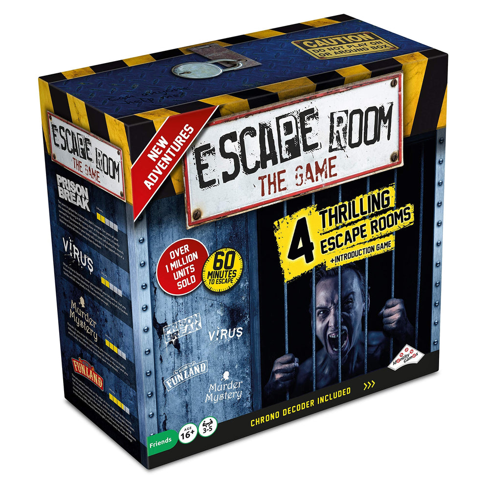 Identity Games Escape Room The Game Version 2 box with four adventures for group play at home.
