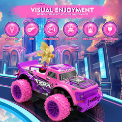 IDrone pink purple RC truck side view with LED lights for night driving.