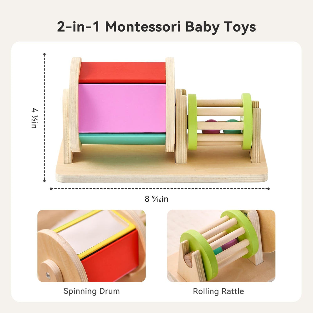 IEATFO 2-in-1 Montessori baby toy rolling rattle supports grasping and auditory exploration.