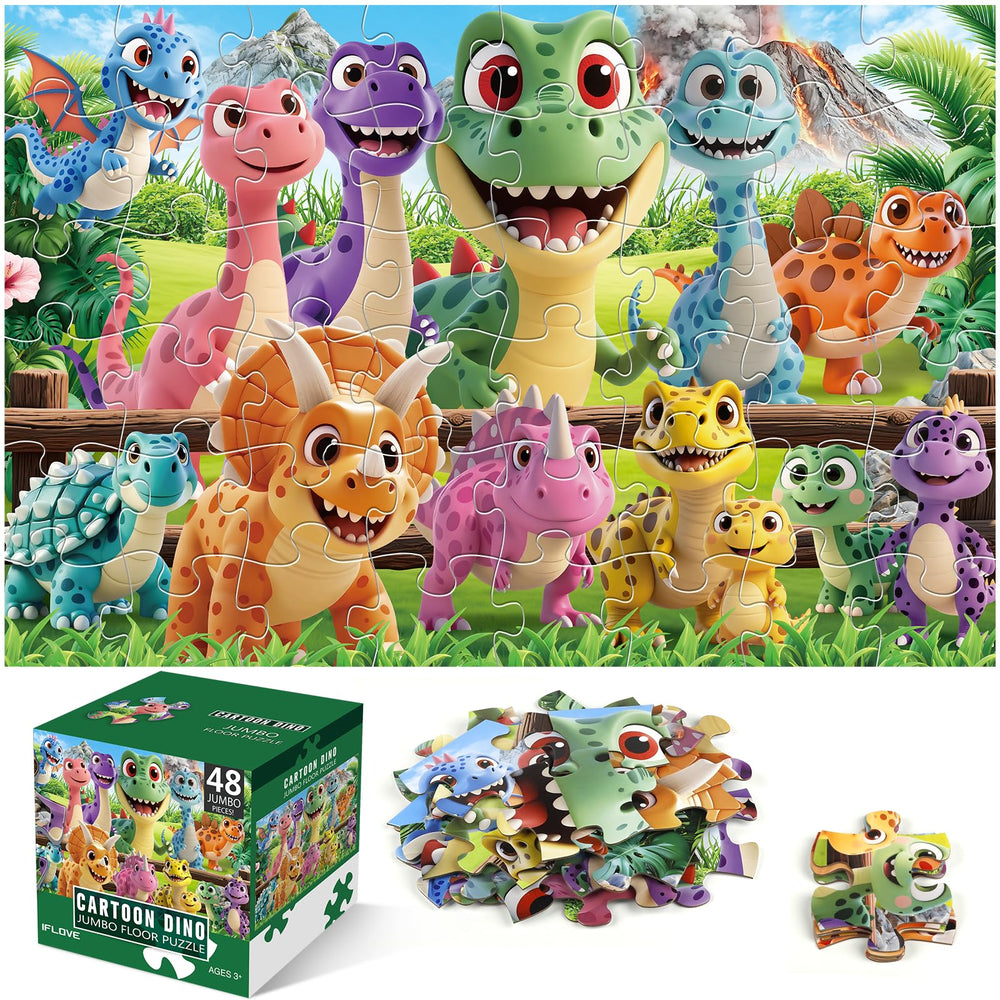 IFLOVE Jumbo Floor Puzzle shows a dinosaur assembly scene for ages 3-6, ideal family play.