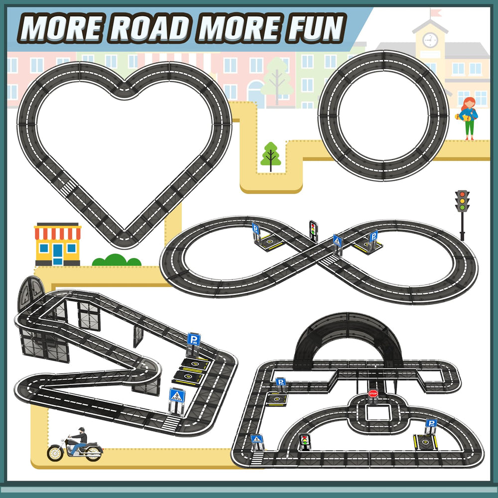 IGIVI magnetic road set traffic signs guide tiny drivers during play.