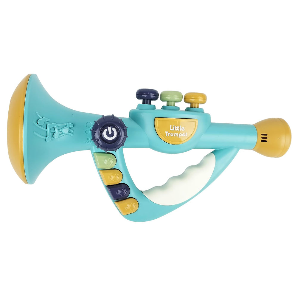 IIROMECI blue trumpet toy front view, ergonomic grip for tiny hands and safe play.
