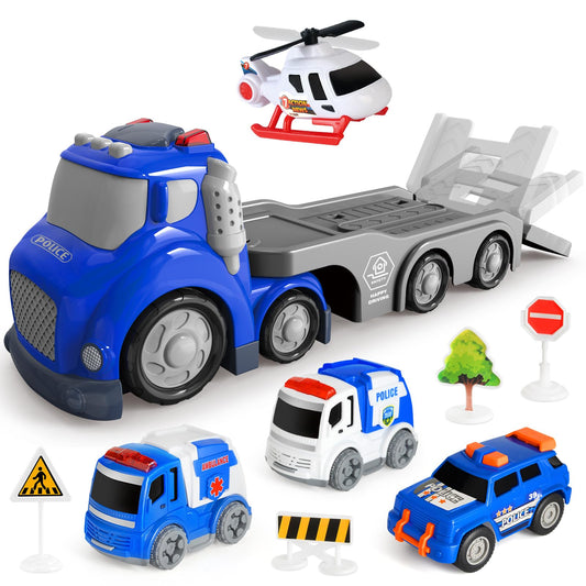 IJIGU police truck transport trailer for imaginative play and easy cargo loading.