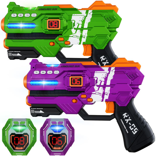 IJO laser tag guns set for two-player battles indoors or outdoors.