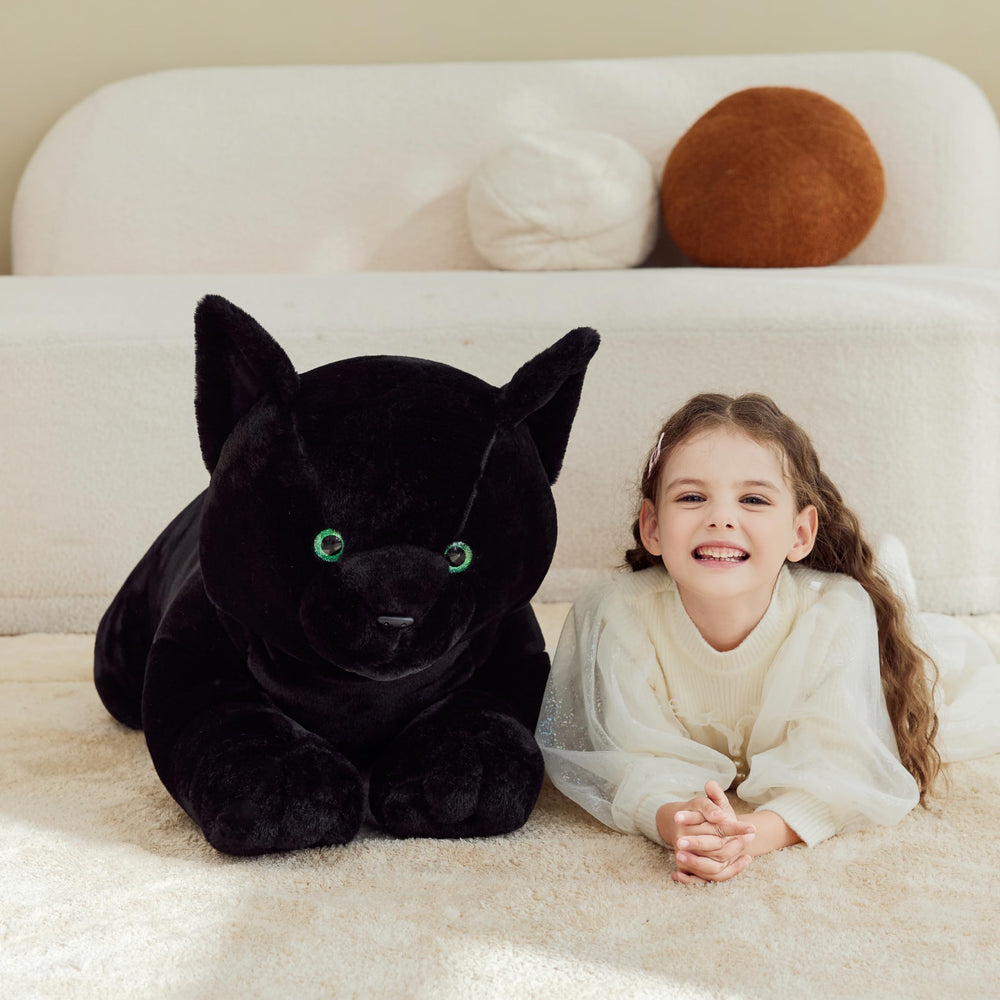 IKASA Black Cat Plush soft fur closeup highlights velvety texture and cozy touch.