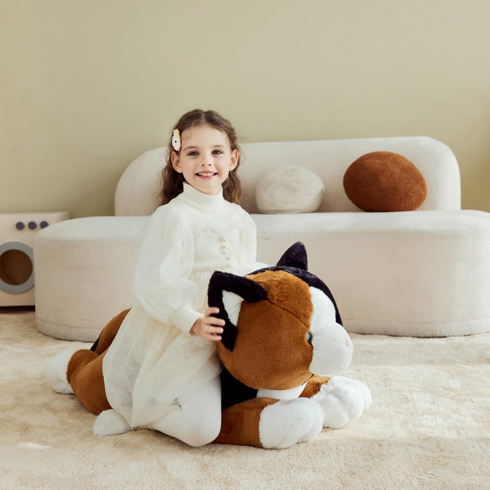 IKASA giant calico cat plush, decorative setup, doubles as cozy home decor.