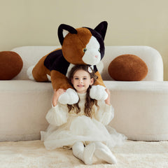 IKASA giant calico cat plush, top view, oversized comfort for lounging and storytelling.