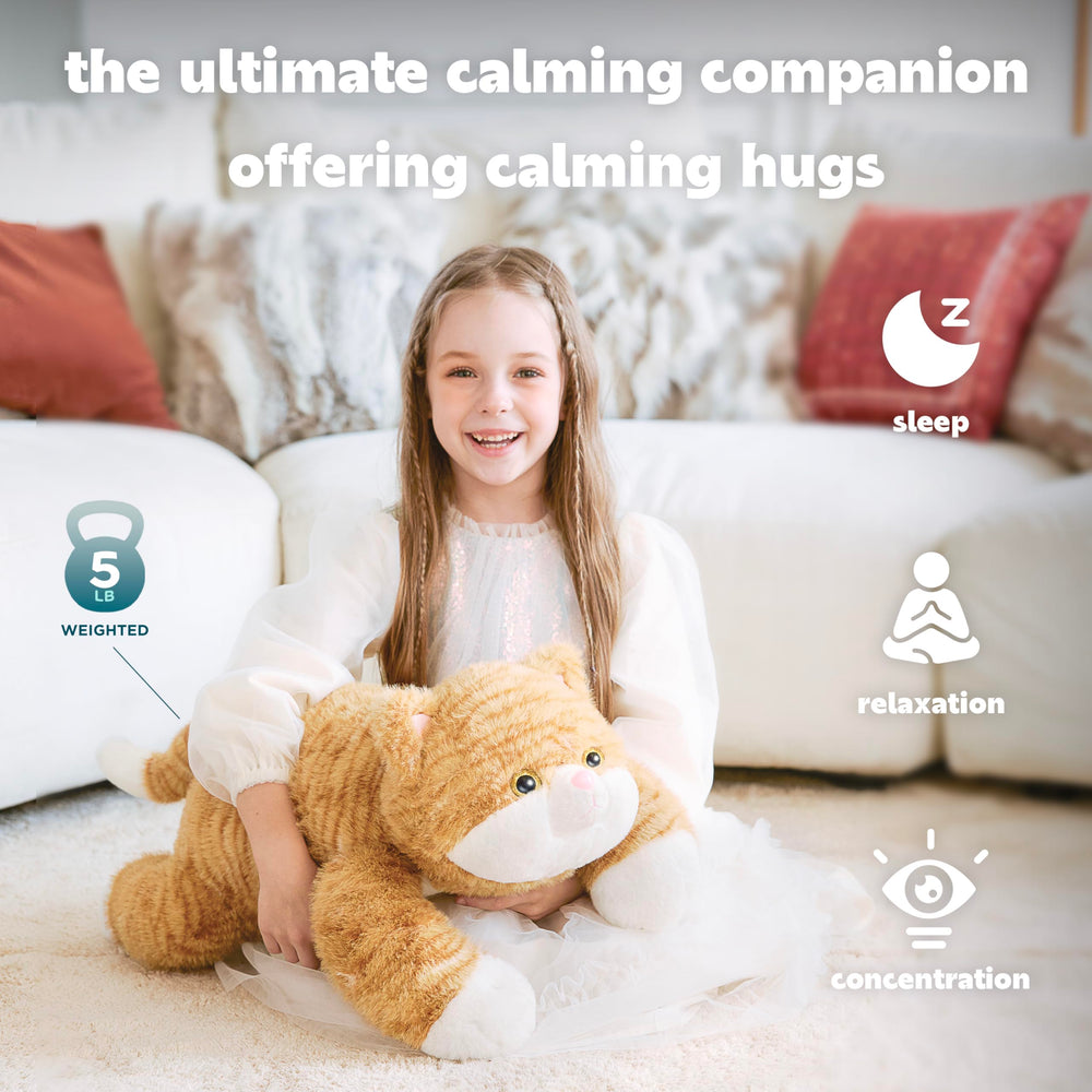 IKASA orange tabby cat plush offers embrace-inspired comfort for relaxation.