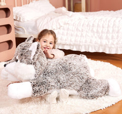 Close-up of IKASA wolf plush texture inviting hugs