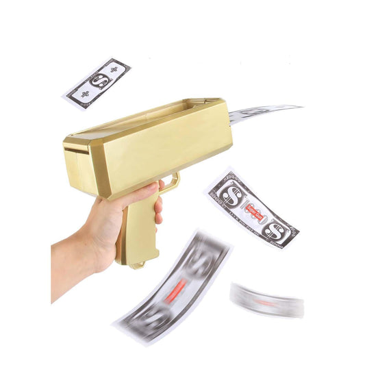 IKJNMLP Prop Gold Money Shooter left-side cover shows easy battery access for quick setup