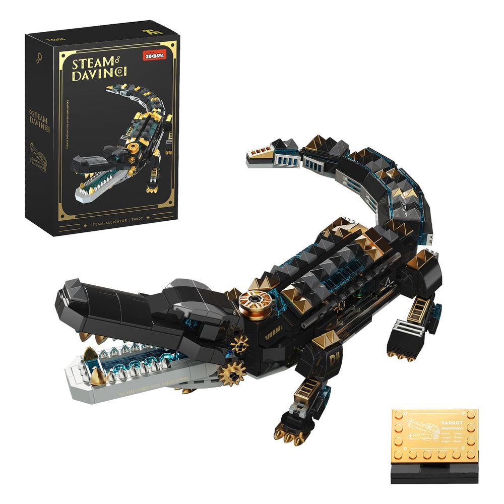 IKKOSYA crocodile building set front view showing steampunk-dinosaur design for imaginative play