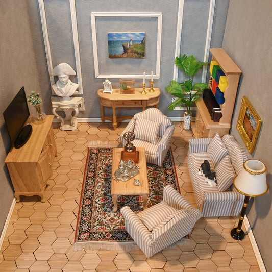 iland striped sofa with coffee table in a classic dollhouse living room, ready for play
