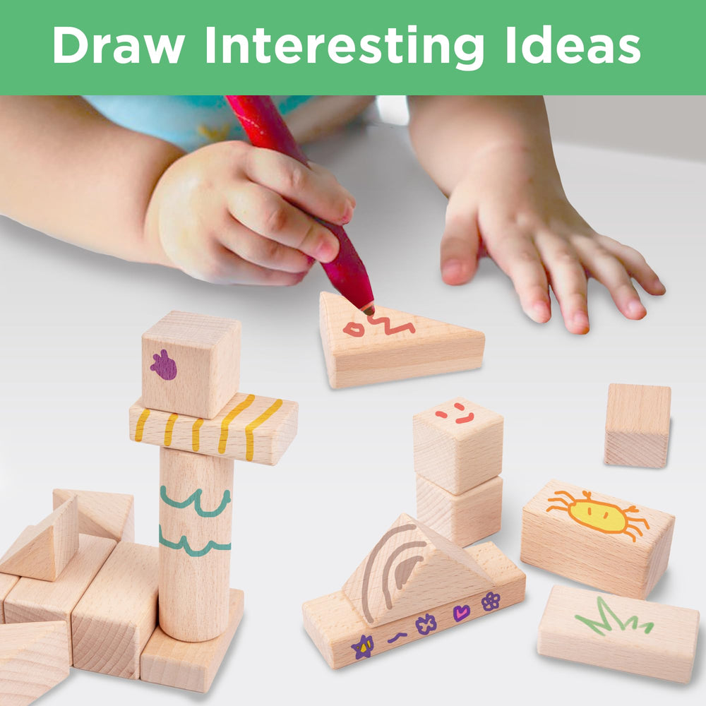 iLearn block play enhances dexterity and spatial thinking through proportional design.