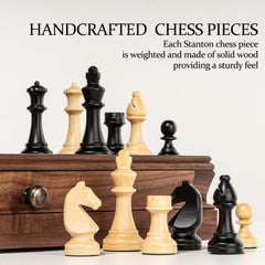 A&A 15-Inch Walnut Chess Set with Storage Drawer - Triple-Weighted Pieces, 3-Inch King, Walnut & Maple Inlay, 2 Extra Queens