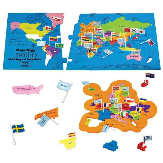 Imagimake Mapology World Map Puzzle frame setup for easy assembly.