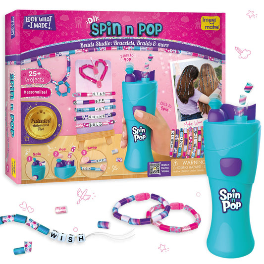 Imagimake Spin n Pop bracelet maker front view, kid-friendly setup for creative sessions.