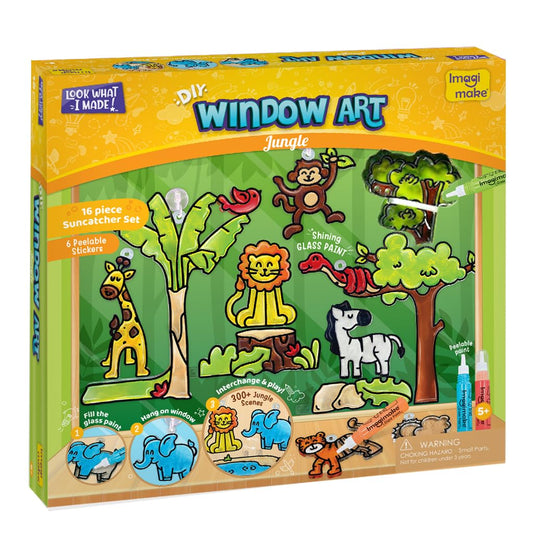 Imagimake Window Art Jungle Suncatcher Kit features jungle suncatchers ready to display with sunlit color.