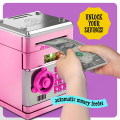 Imagineers KiddieVault side view highlights automatic money feeder and playful lights.