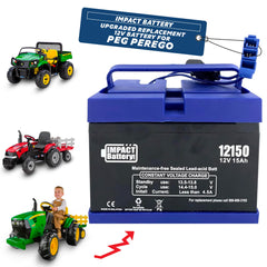 Impact Battery upgraded 12V Peg Perego battery powering a John Deere tractor.