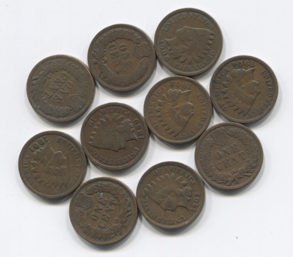 Indian Head Pennies collection: ten antique coins, two pre-1900, ideal for display or starter collection.