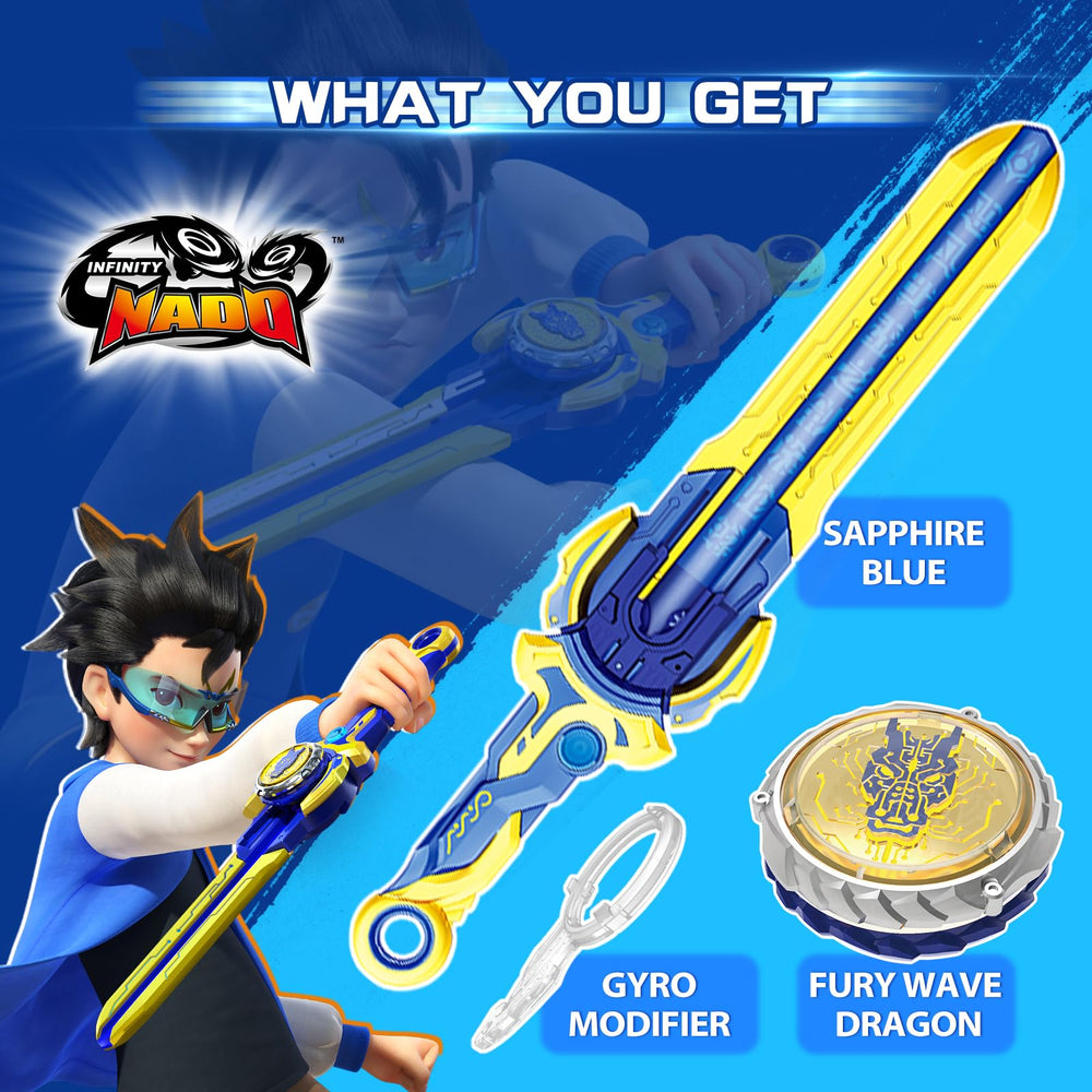 Infinity Nado sword launcher demonstrating precise aiming and dramatic launching action.