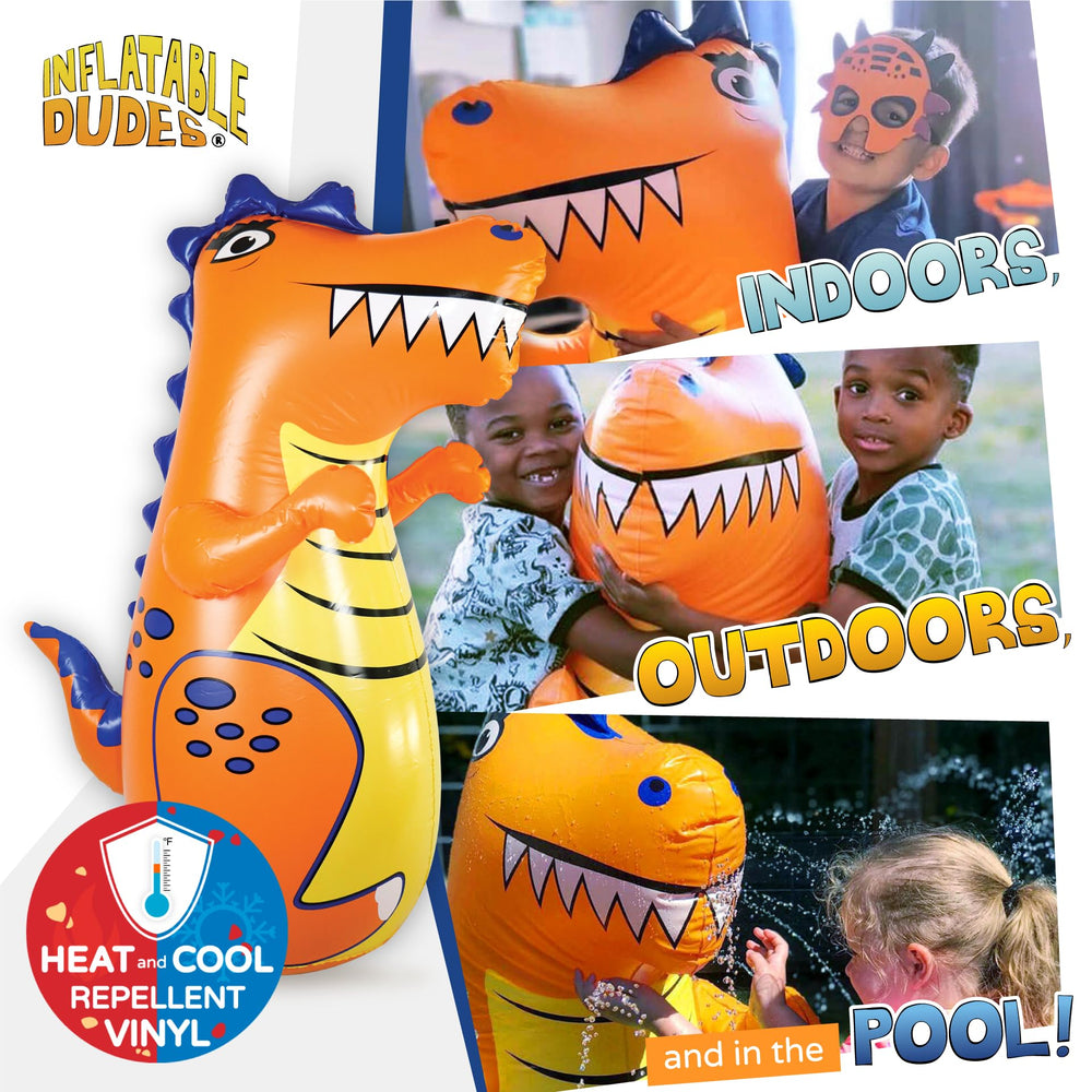 Inflatable Dudes dinosaur toy 47in front view highlighting vivid T-Rex design for imaginative play.