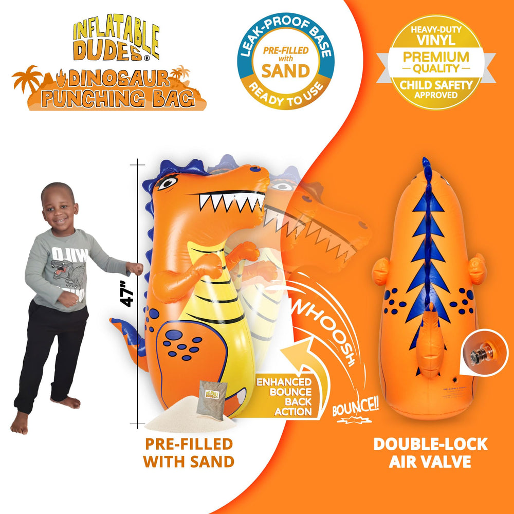 Inflatable Dudes dinosaur toy 47in side view showing durable vinyl for rough kid use.