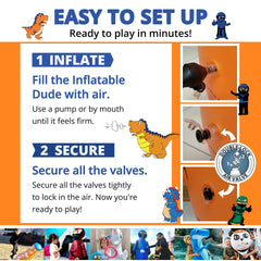 Inflatable Dudes dinosaur toy made from durable vinyl for outdoor or indoor use.