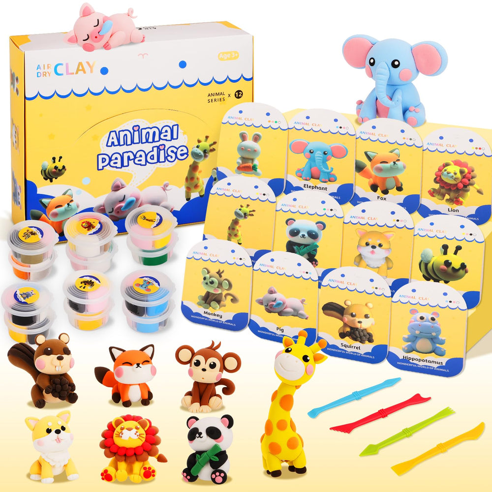 Ingbear air-dry clay set with 12 animal jars for imaginative modeling.