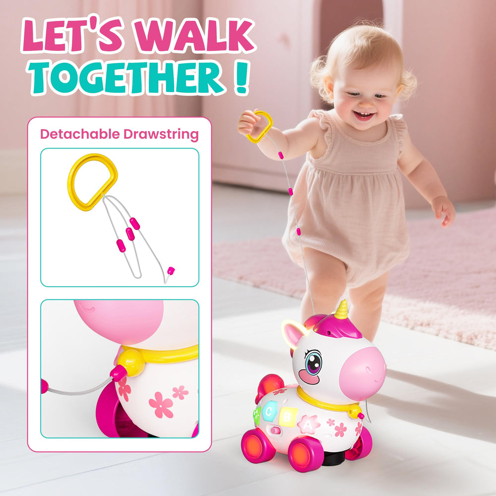 Ingbear unicorn toy includes string pull handle to promote activity