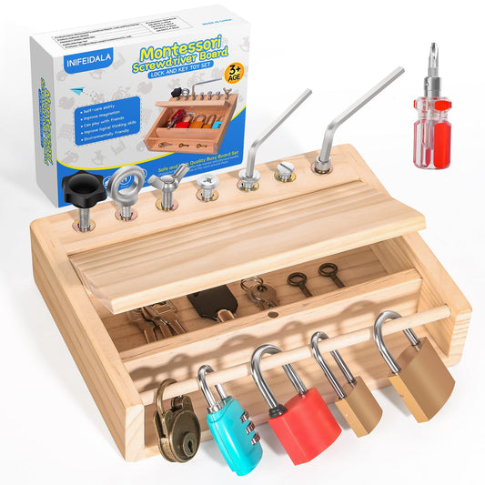 INIFEIDALA Montessori screwdriver board with locks and keys for hands-on learning and fine motor skills.