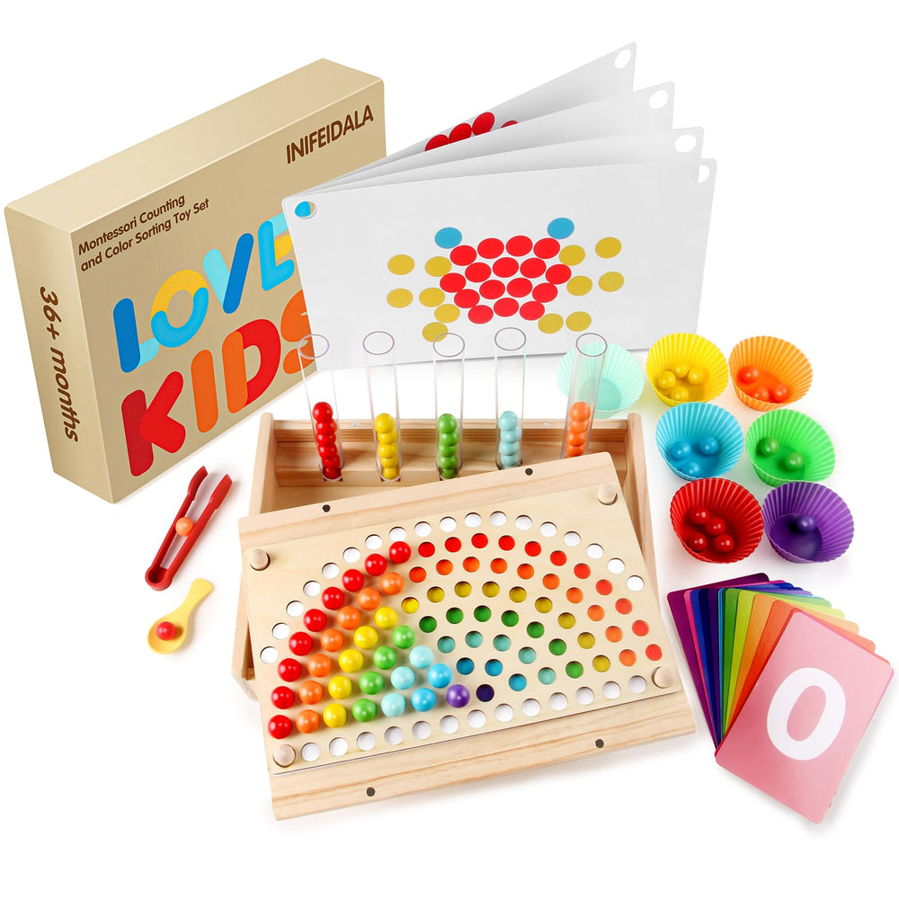 INIFEIDALA rainbow clip beads on a wooden board for color sorting and play.