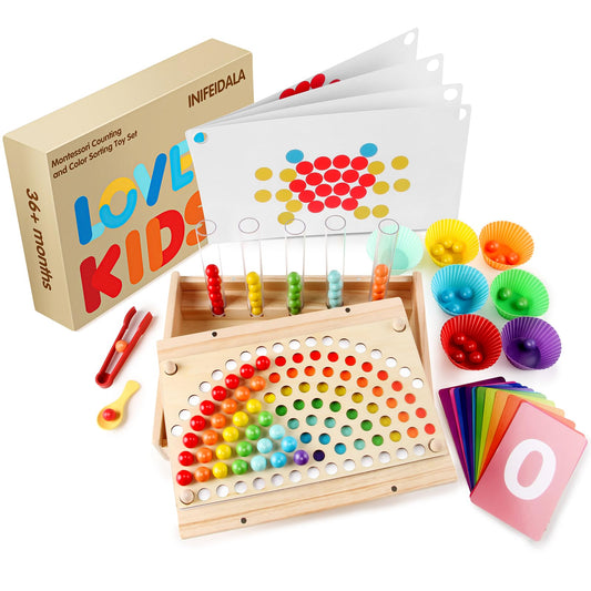 INIFEIDALA rainbow clip beads on a wooden board for color sorting and play.