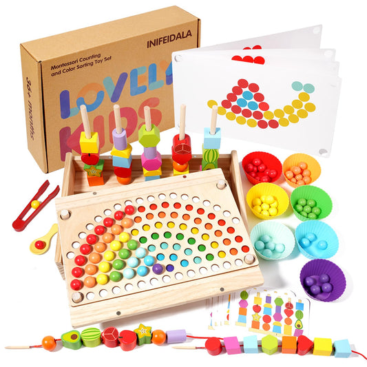INIFEIDALA rainbow stacking beads on wooden peg board for fine motor play and color sorting